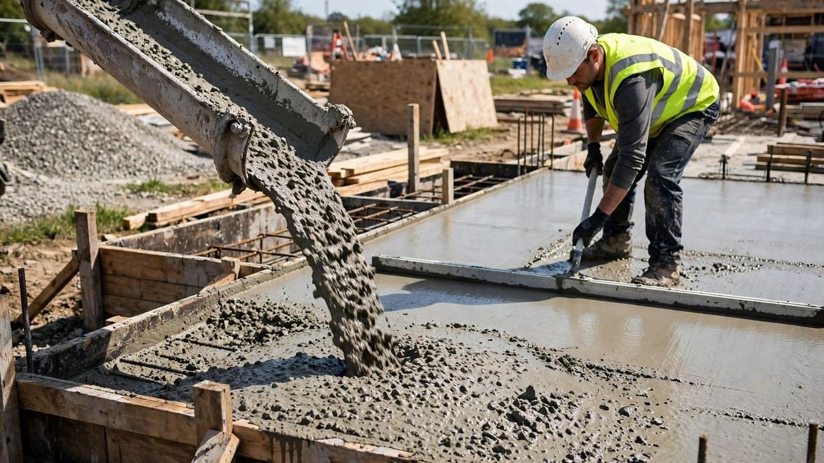 Fresh concrete being poured into wooden formwork while a worker levels the slab
