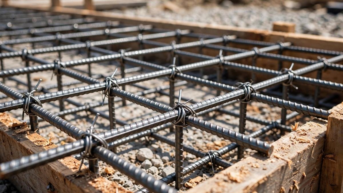 Steel rebar grid tied with wire inside wooden formwork before a concrete pour