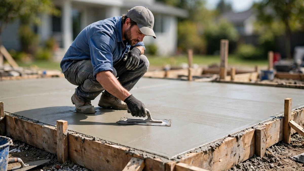 A worker smoothing a freshly poured concrete slab with a hand trowel